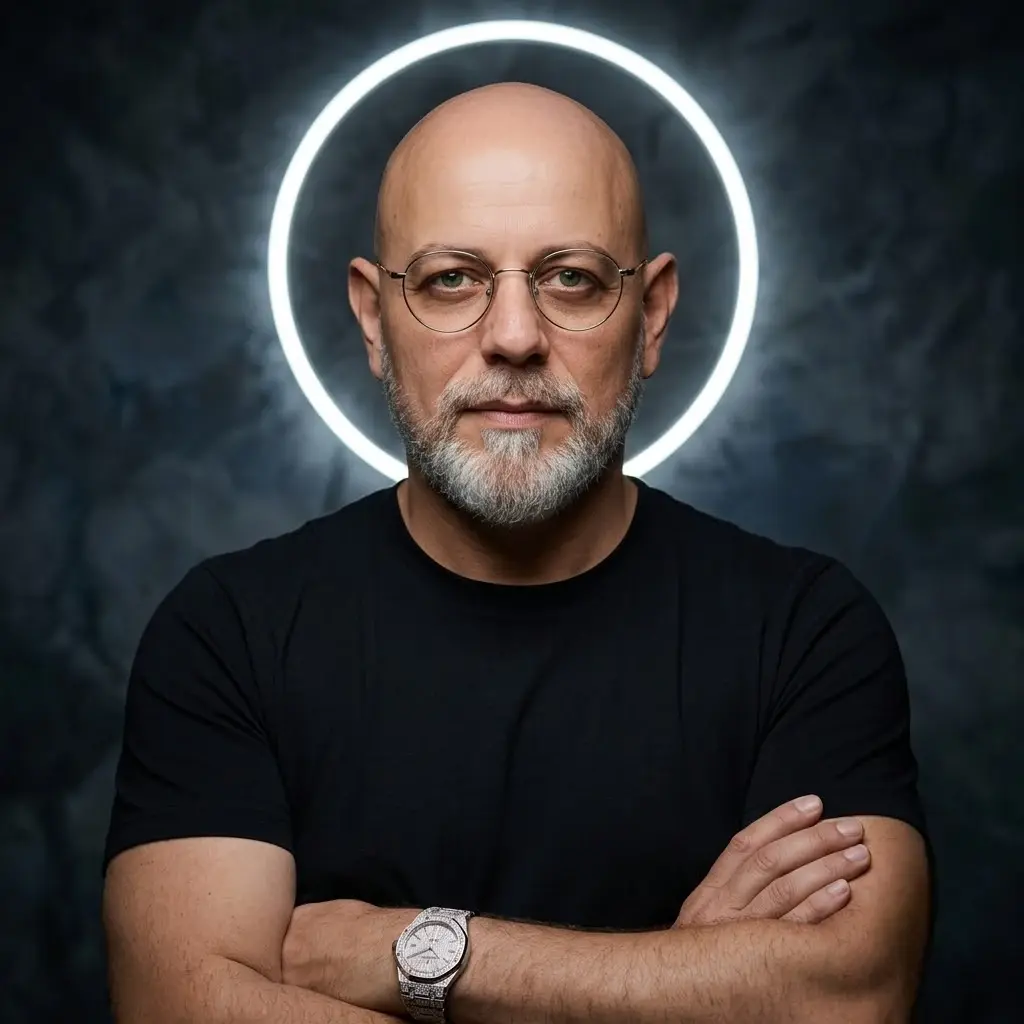 Retrato de Yankee Ferreira de braços cruzados, com um anel de luz ao fundo